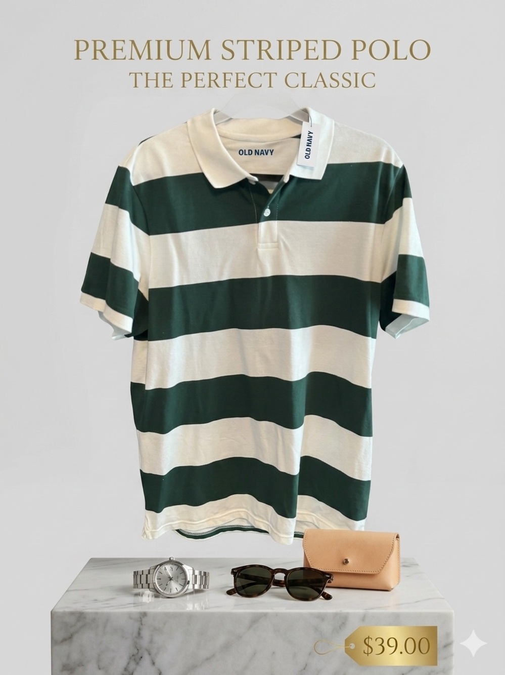 Old Navy Men’s Green and White Wide-Striped Polo